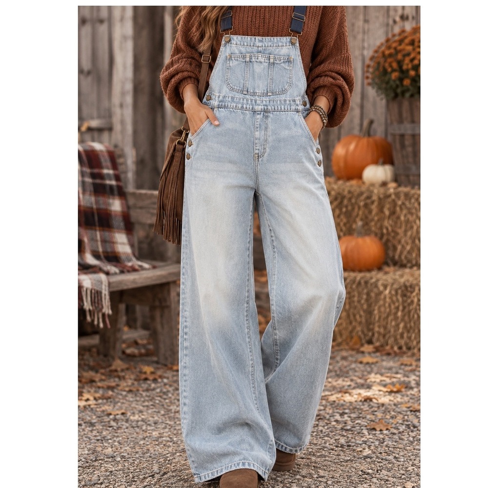 Cider Womens Light Wash Wide Leg Denim Overalls Blue Size 1XL Adjustable Crop